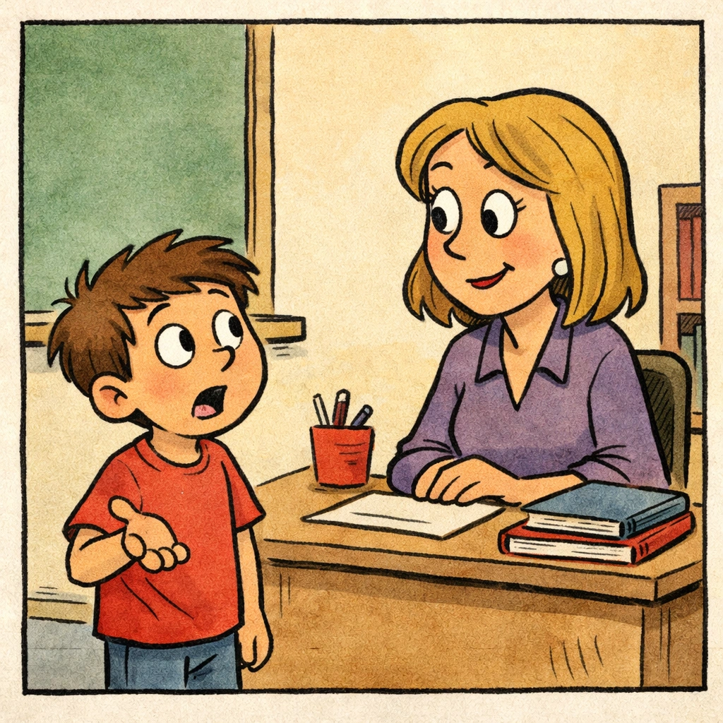 A student asks a teacher about homework in a classroom