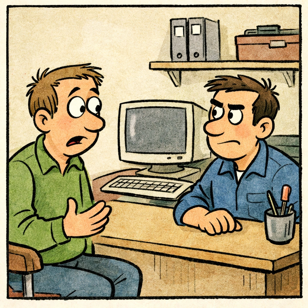 Un uomo parla con un tecnico di un computer lento