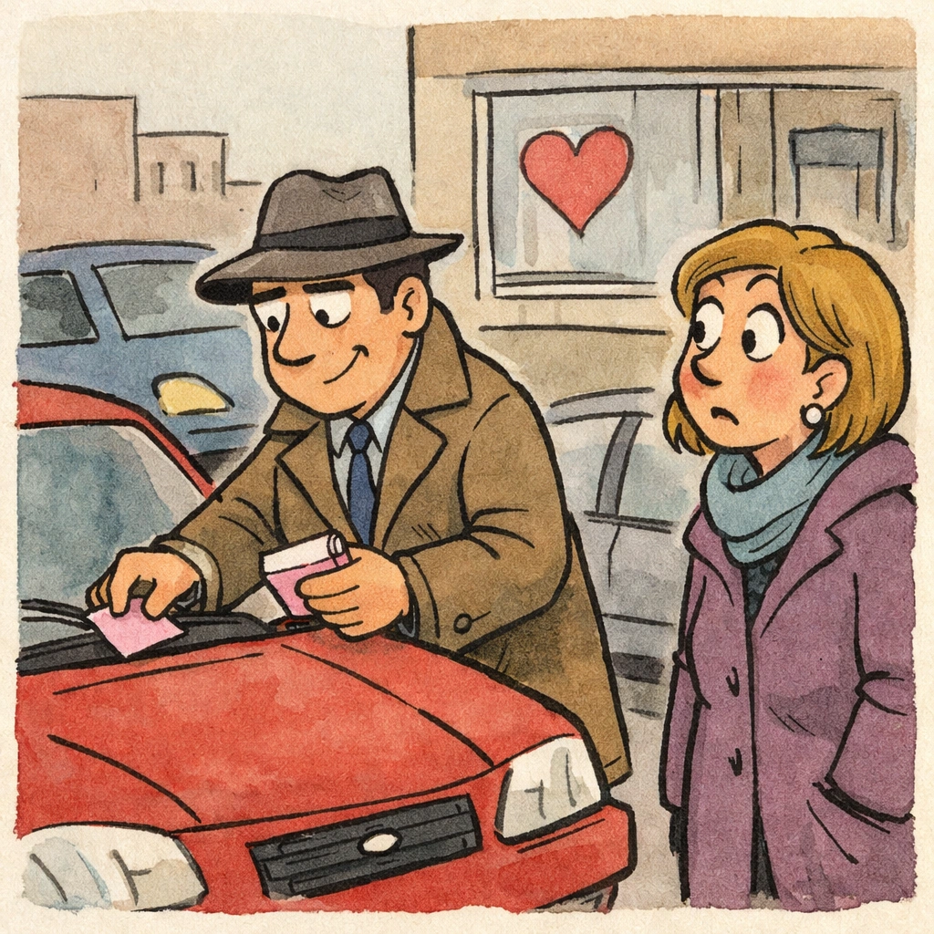 Een man laat briefjes achter op geparkeerde auto’s