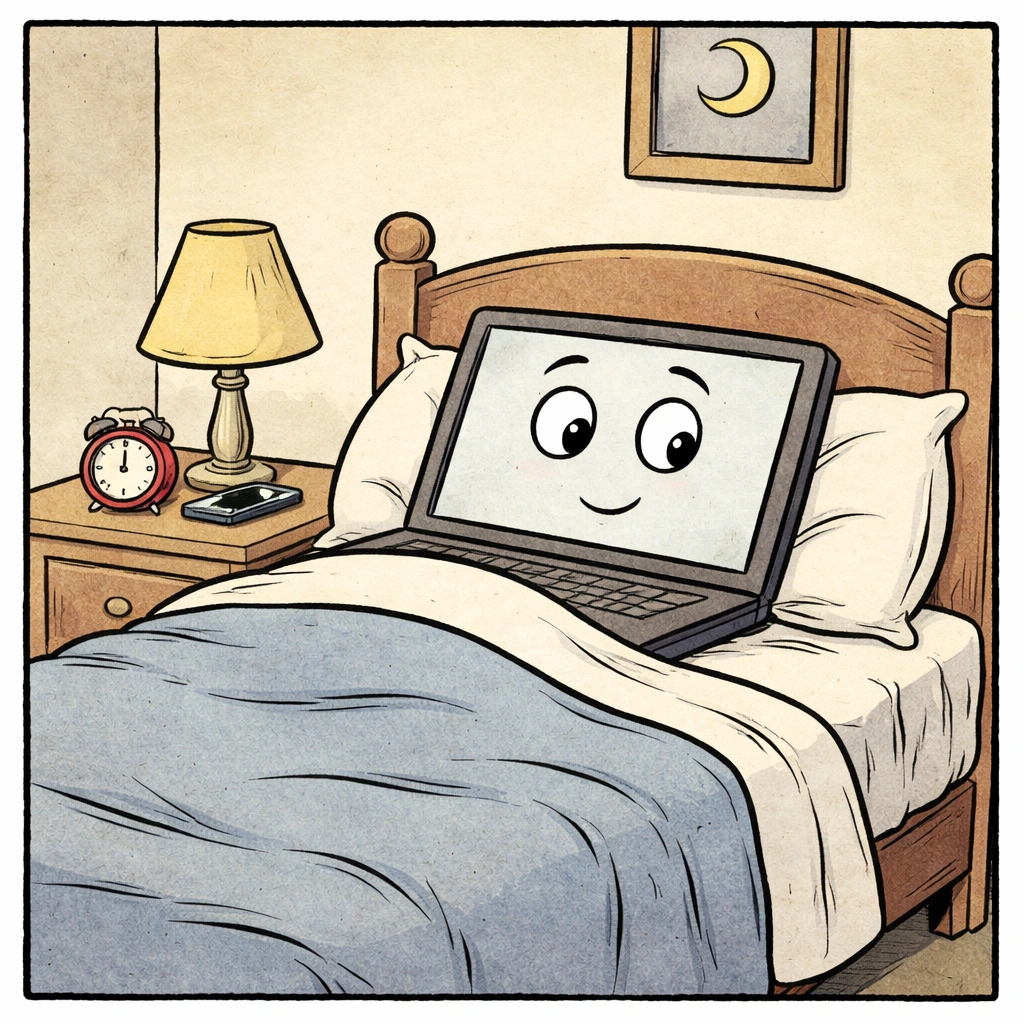 Un computer a fumetti a letto sotto una coperta