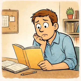 A man looks at a time management book on his desk