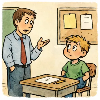 Student answers teacher about money in pockets