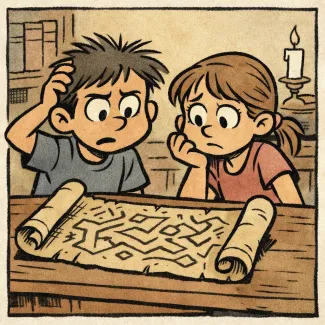 Two puzzled children studying a mysterious scroll on a table